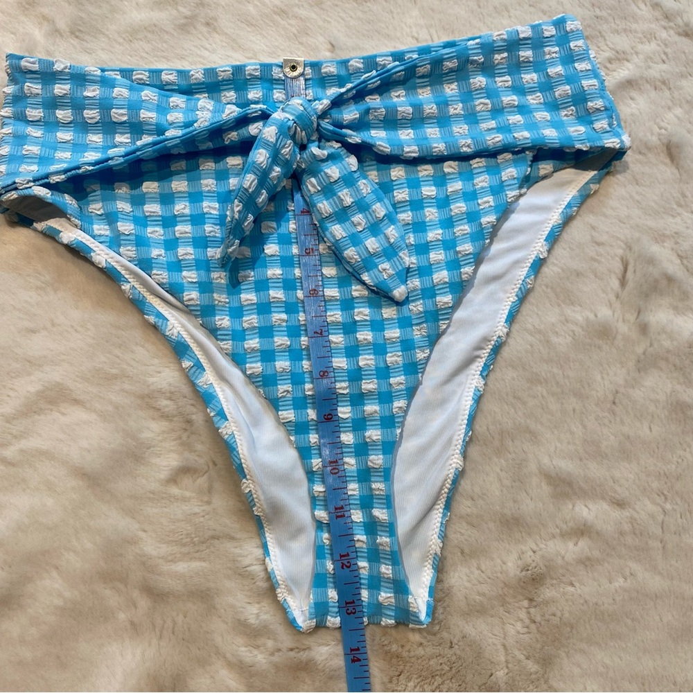 (L) aerie High Cut Cheeky Bikini Bottoms Large Blue White Gingham Tie Waist - Picture 4 of 9